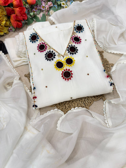 White Chanderi Hand Work Suite For Women