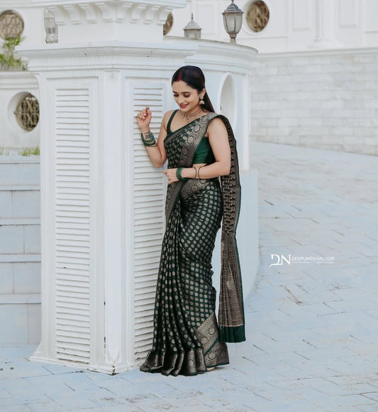 Green banarasi silk saree with jacquard design