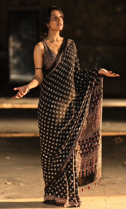 Black modal silk Lotus Designer Saree