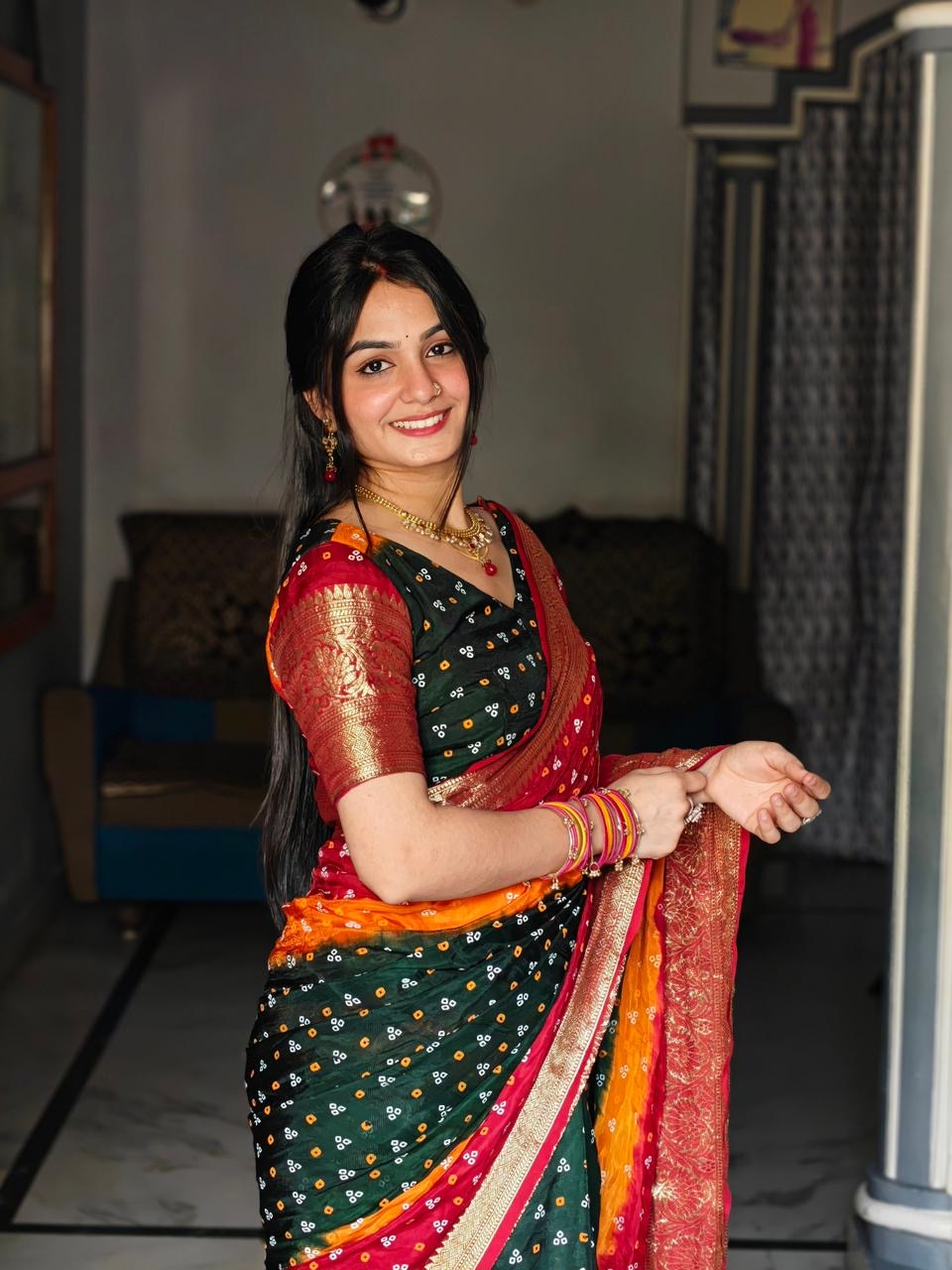 New Kanjivaram Bandhani teen danii Saree for Saree