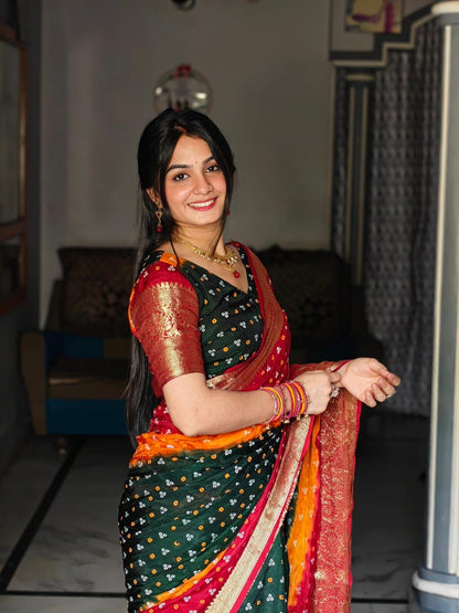New Kanjivaram Bandhani teen danii Saree for Saree