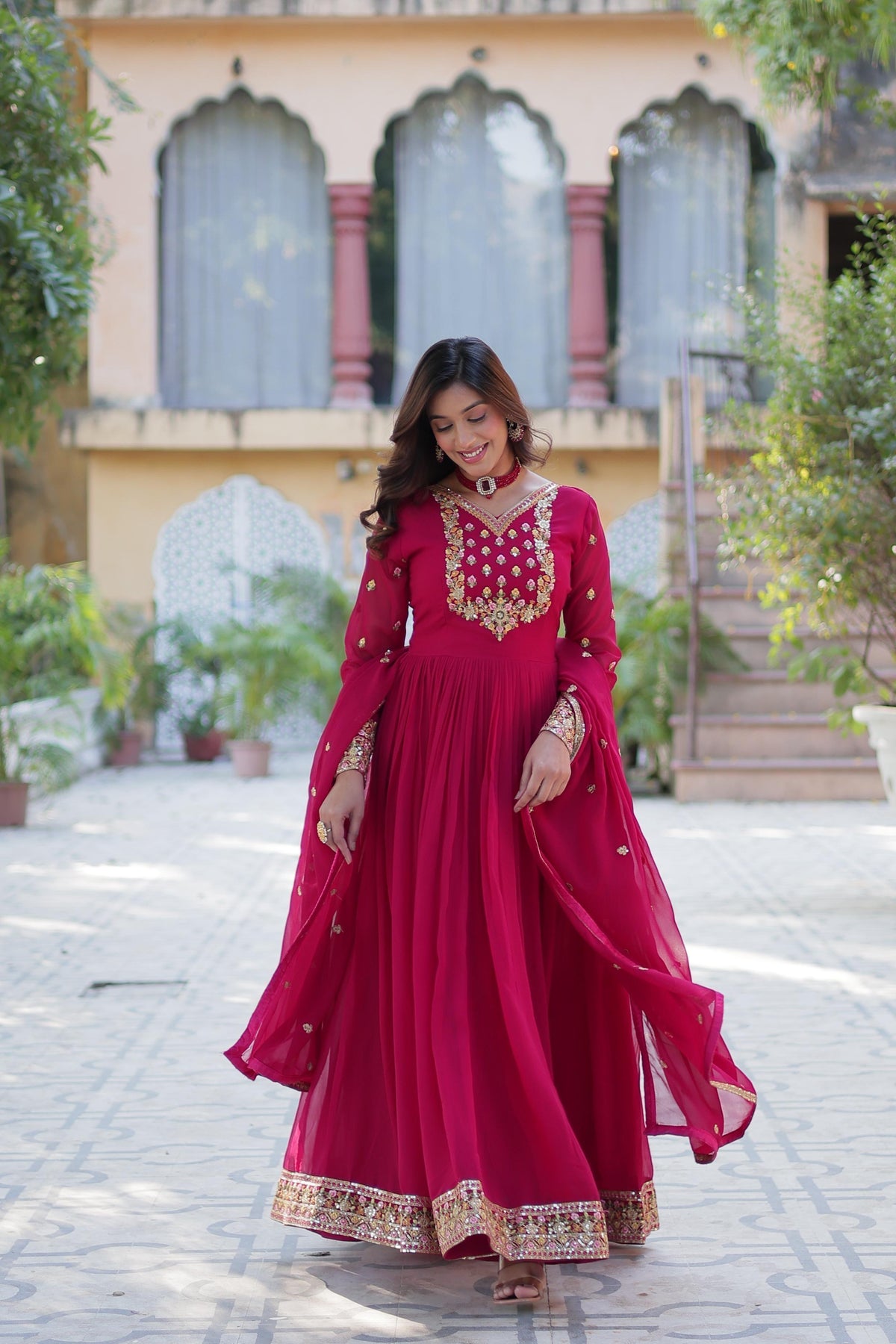 Maroon embroidered V-neck fit and flare maxi ethnic dress with a matching dupatta