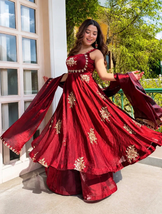 Maroon Embroidered Anarkali Suit Set