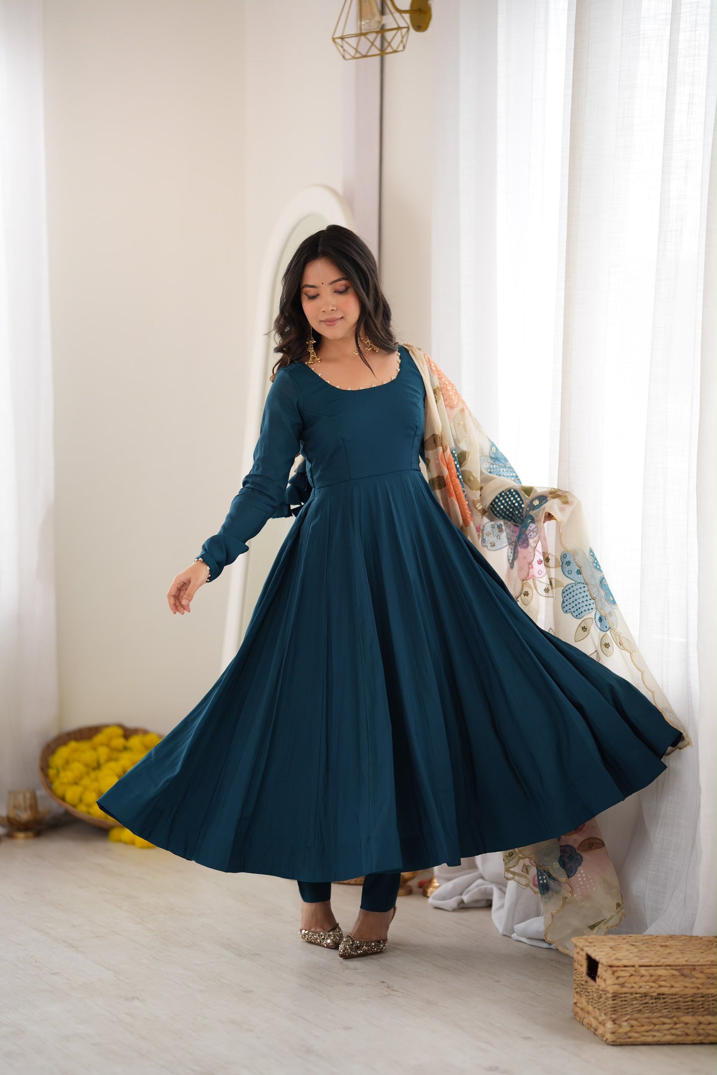 Teal Blue Roman Anarkali Suit with Position Print Organza Dupatta