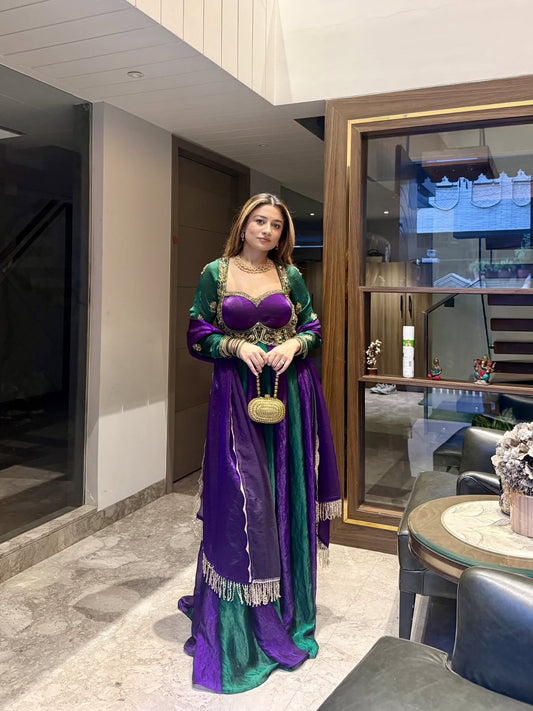 Striking purple and emerald green Anarkali