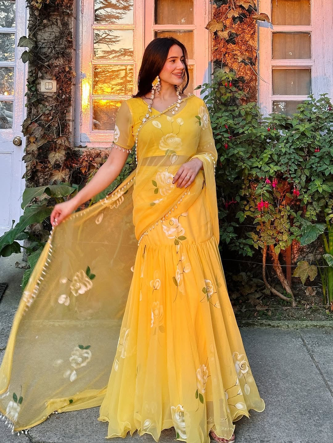 Rose Yellow Fish cut lehenga saree with pearl work border