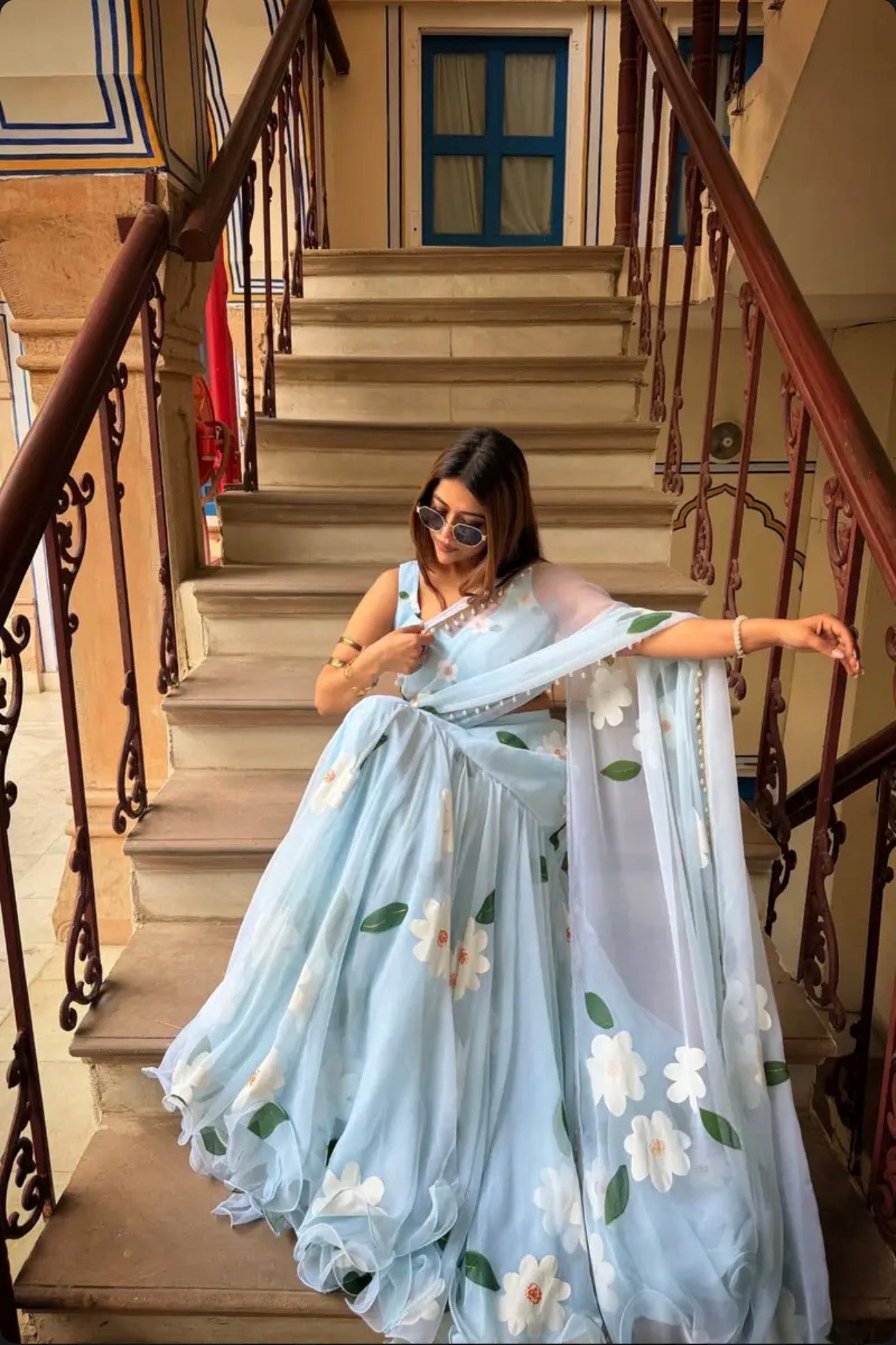 Floral Sky blue Fish cut lehenga saree with pearls work border