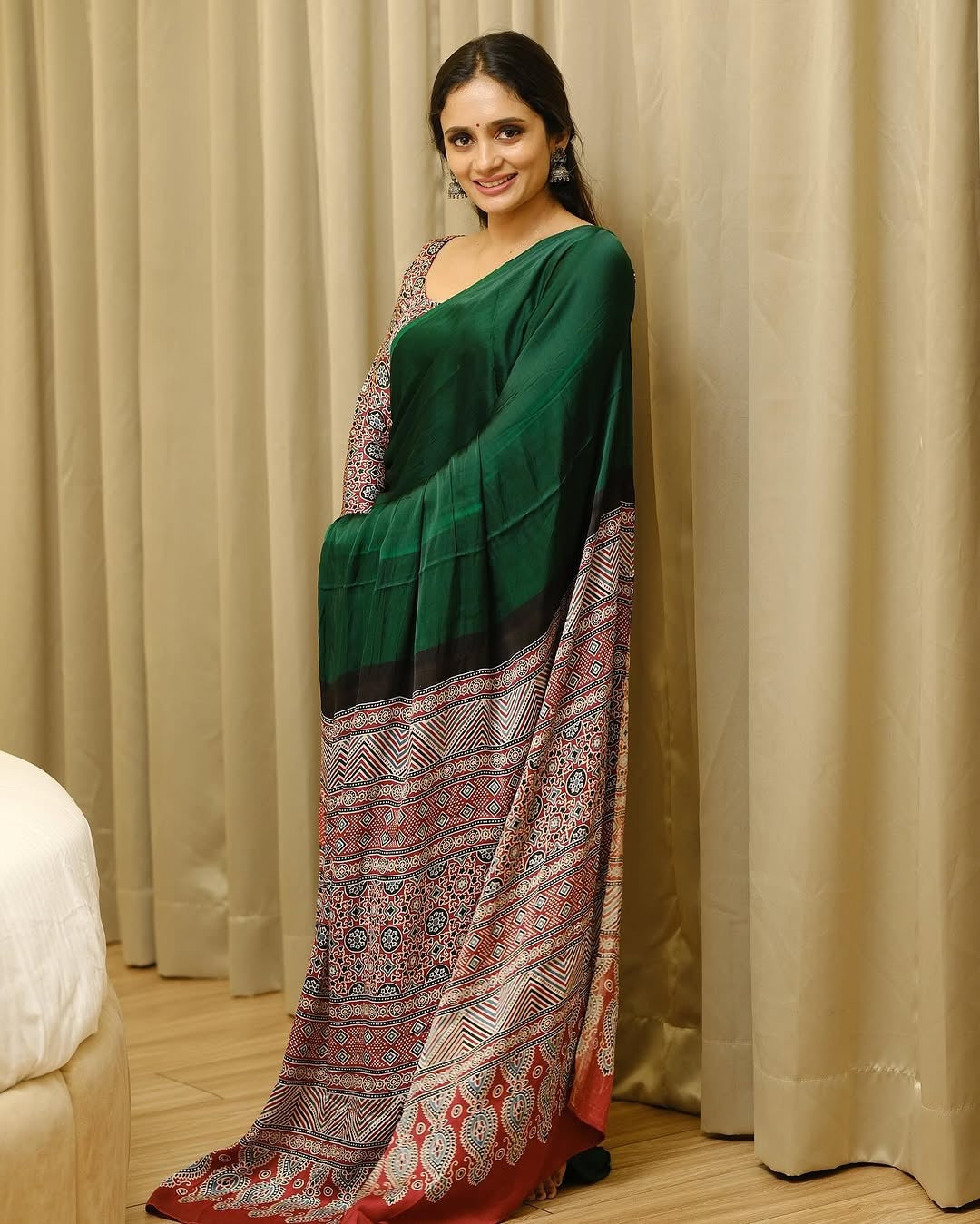 Green Ajarakh model silk saree
