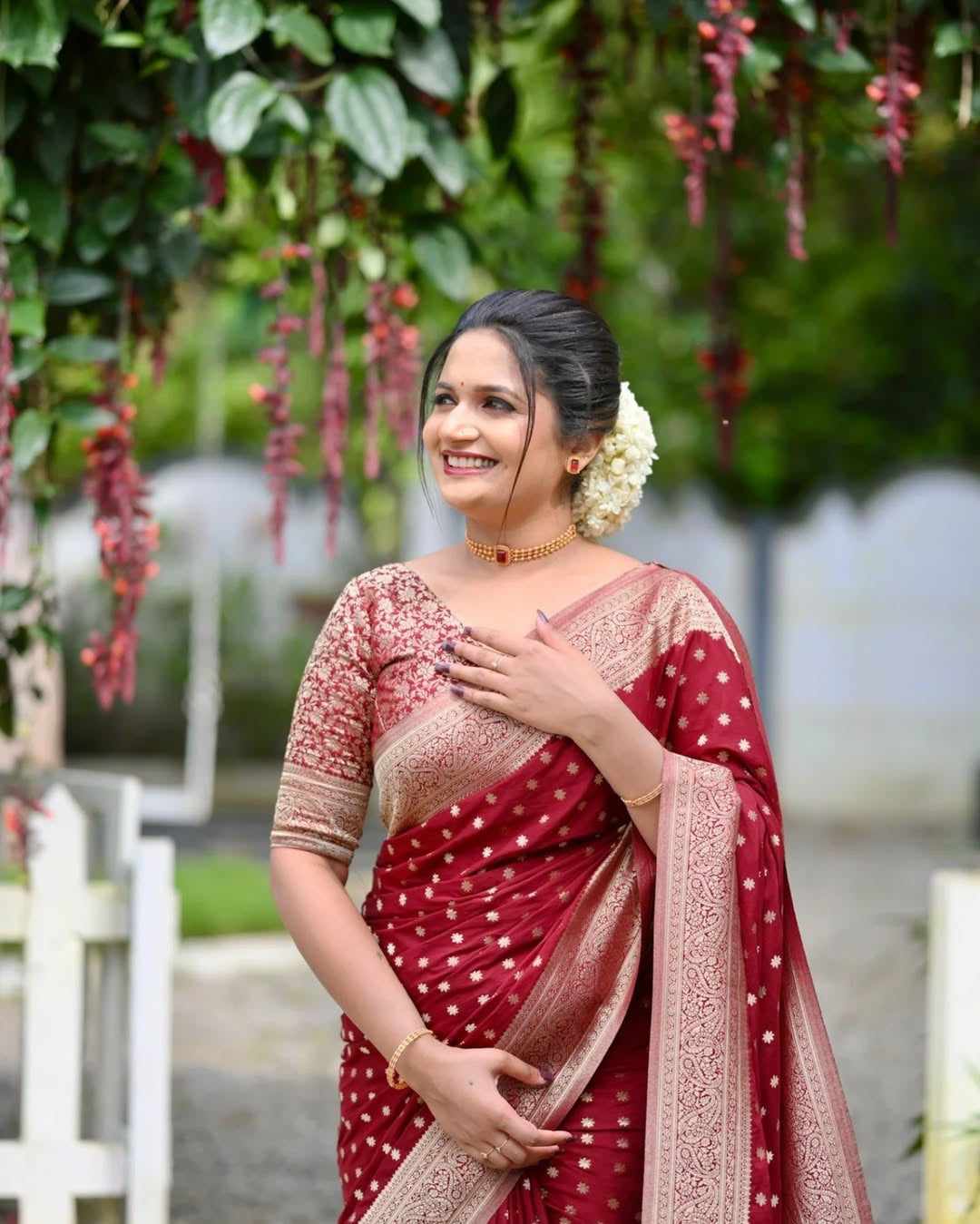Red banarasi soft silk saree with vel design blouse piece