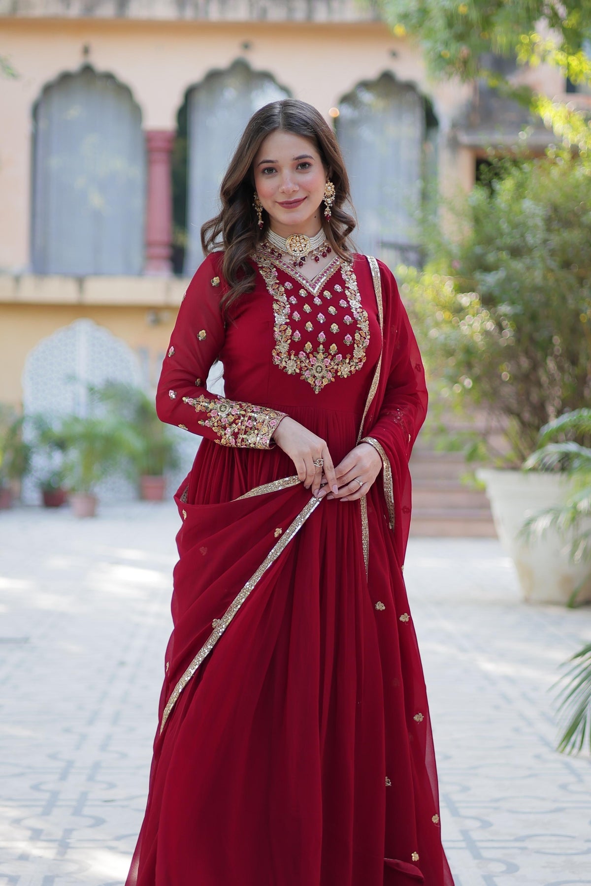 Maroon embroidered V-neck fit and flare maxi ethnic dress with a matching dupatta