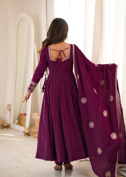 Rich wine-colored Chanderi silk Anarkali For Women's