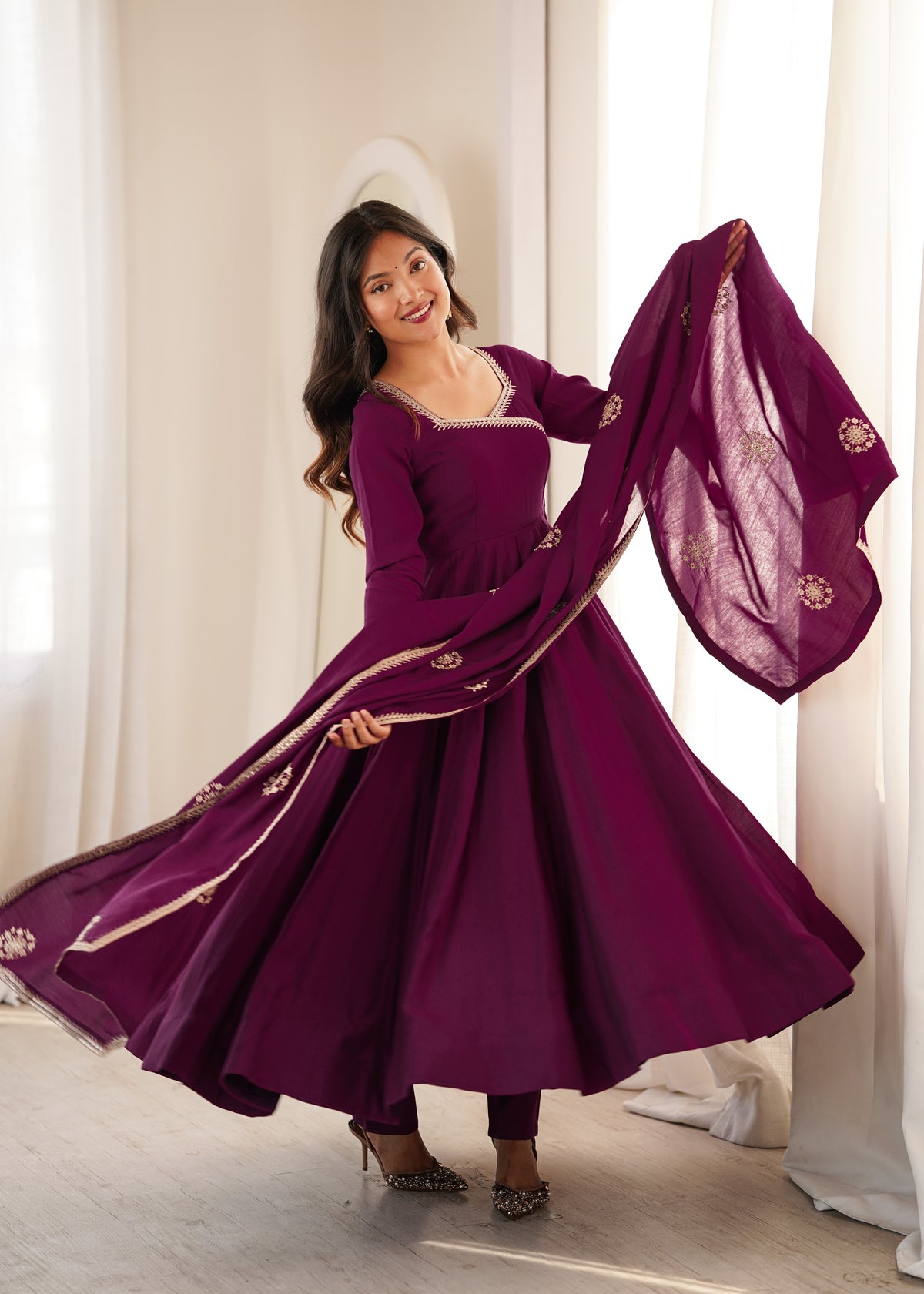 Rich wine-colored Chanderi silk Anarkali For Women's