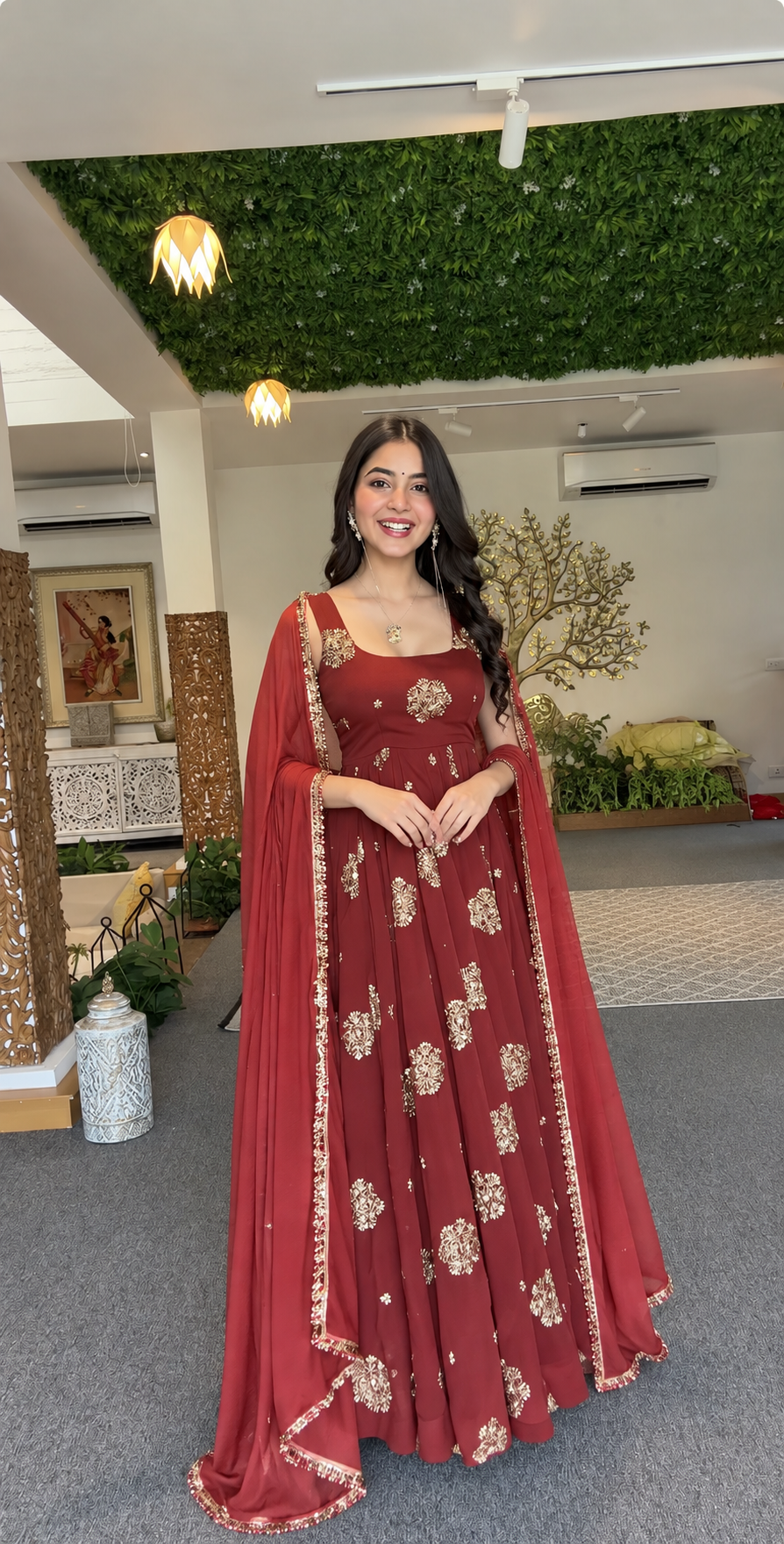 Rust orange flared anarkali gown set