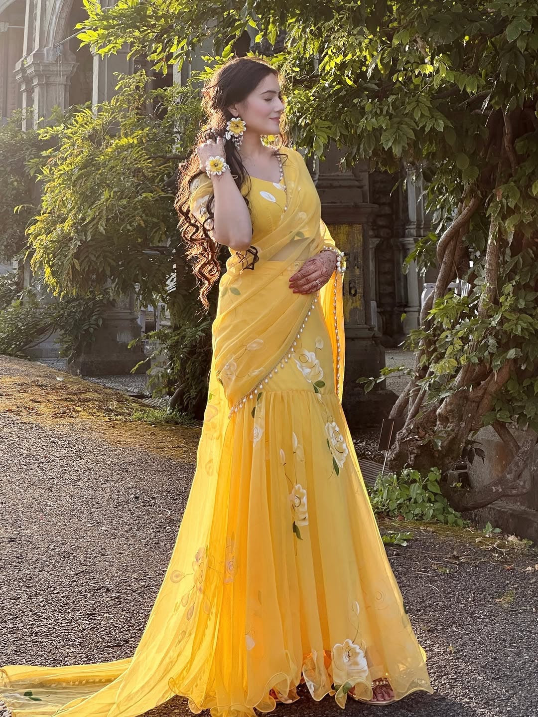 Rose Yellow Fish cut lehenga saree with pearl work border