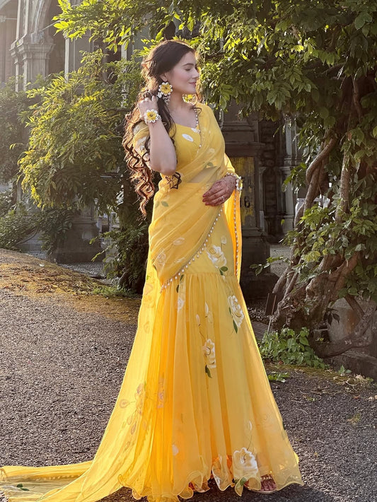Rose Yellow Fish cut lehenga saree with pearl work border