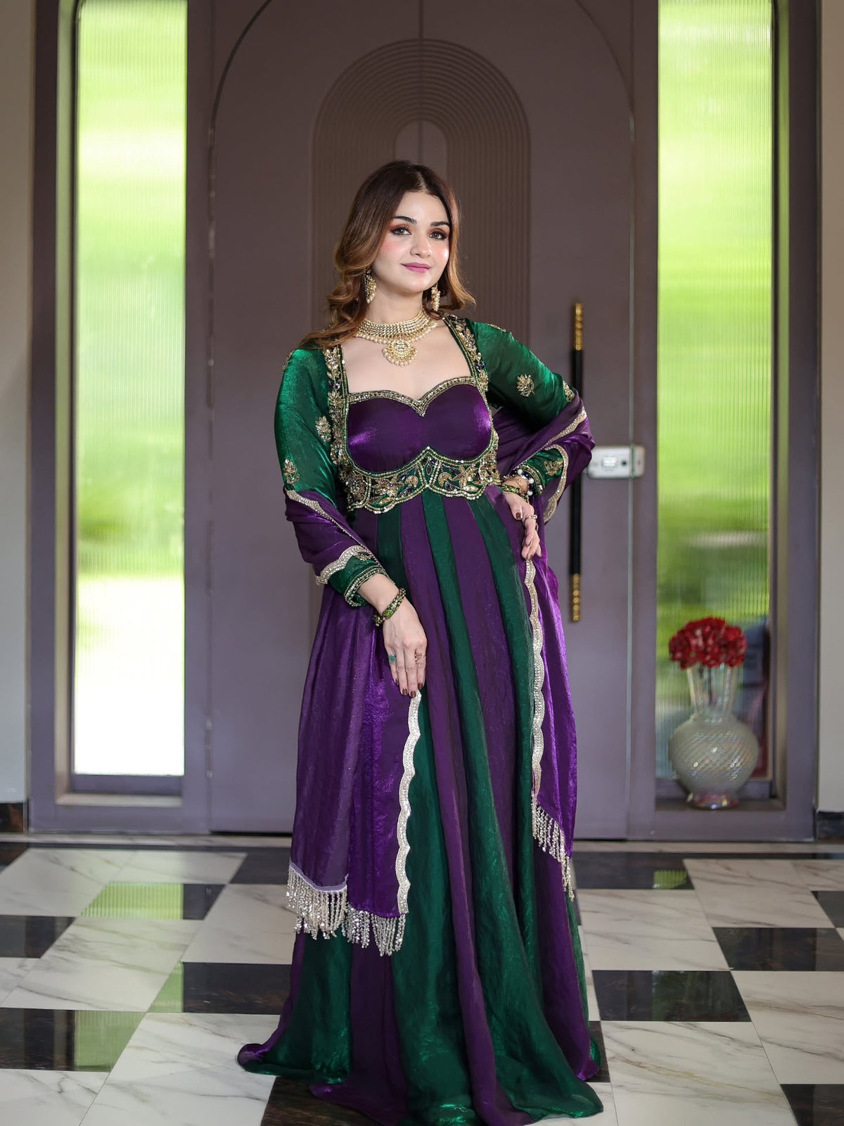 Striking purple and emerald green Anarkali