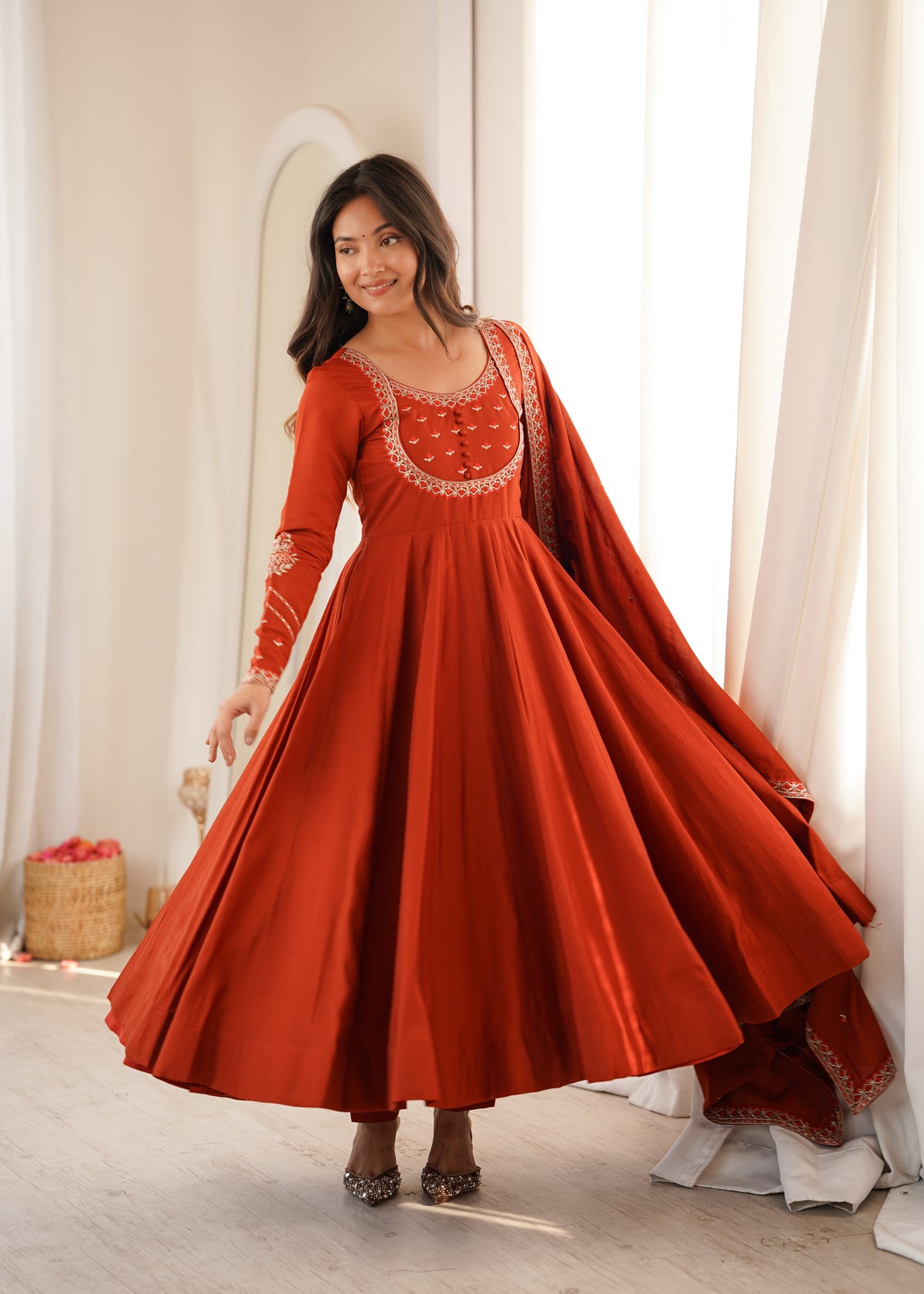 Rust Orange Anarkali set for Womens