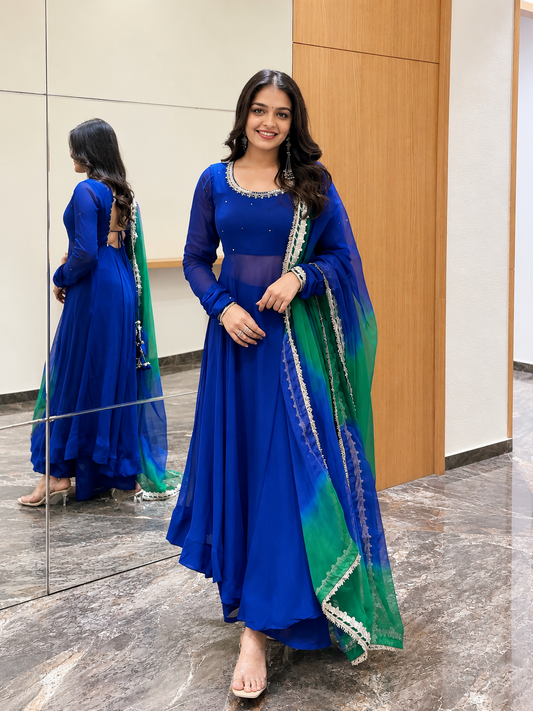 Solid blue Anarkali Suit Sets for Women