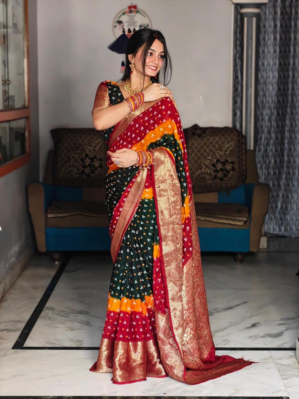 New Kanjivaram Bandhani teen danii Saree for Saree