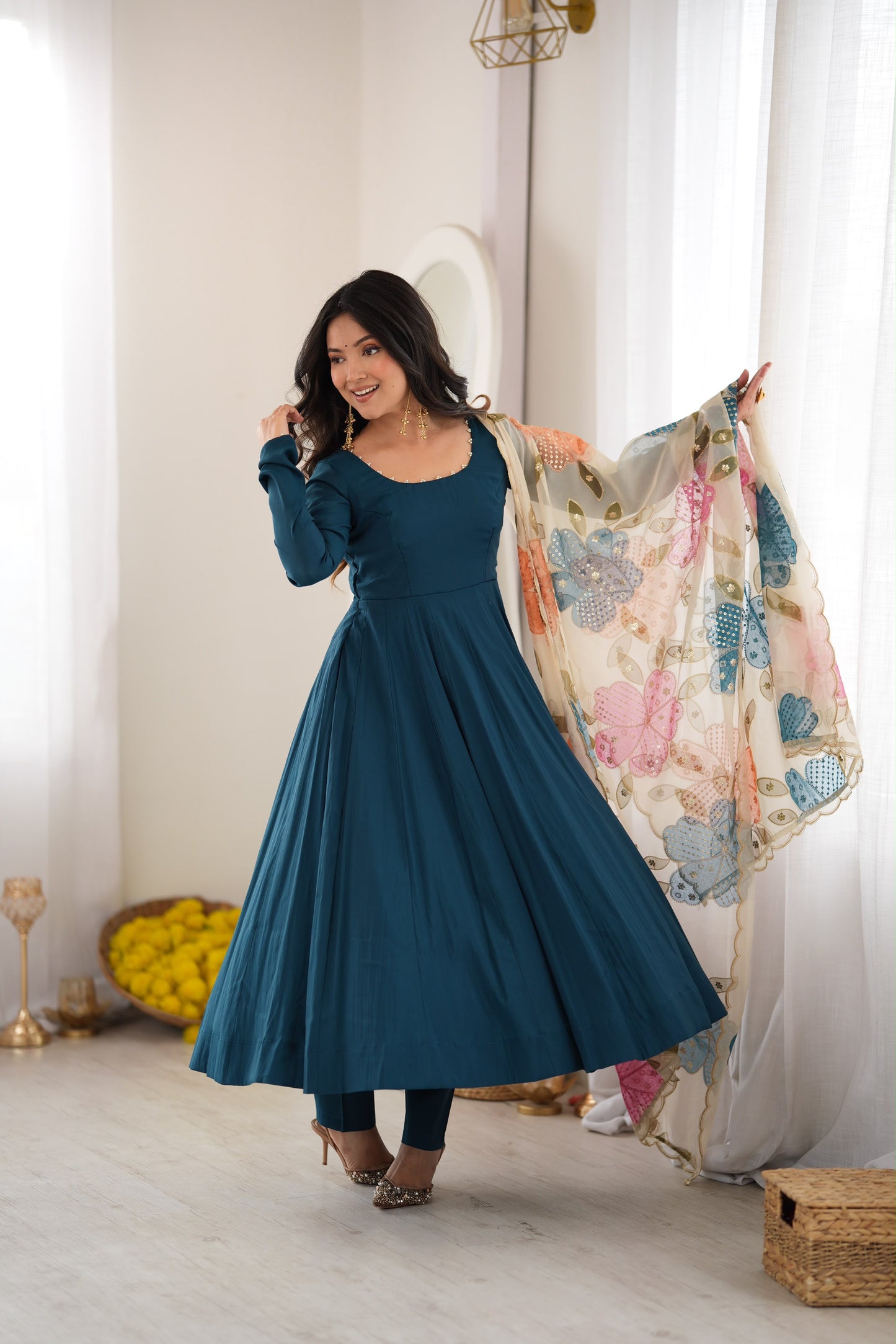 Teal Blue Roman Anarkali Suit with Position Print Organza Dupatta