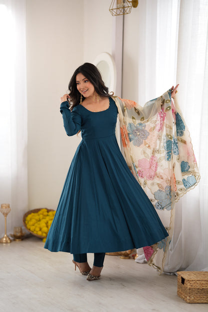 Teal Blue Roman Anarkali Suit with Position Print Organza Dupatta
