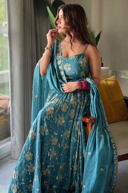 Blue Embroidered Anarkali Suit Set with Dupatta