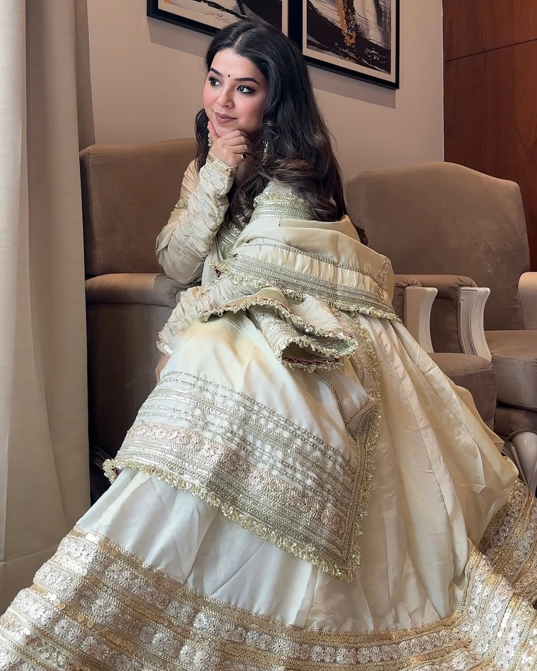 Pure Cotton silk off-white anarkali suite set for women