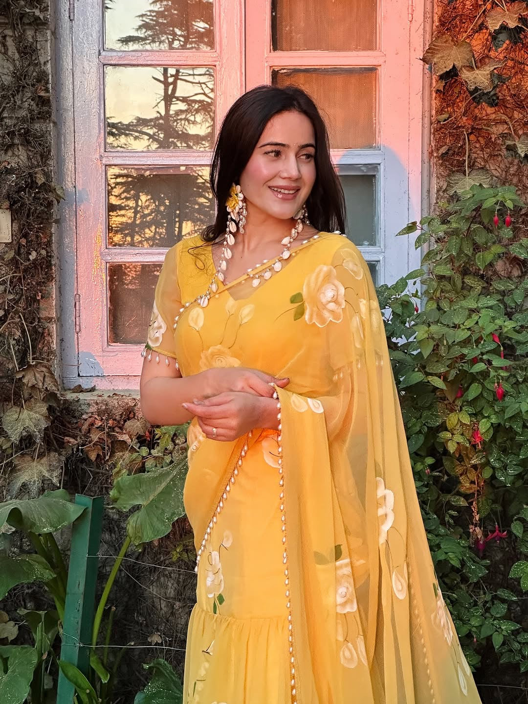 Rose Yellow Fish cut lehenga saree with pearl work border
