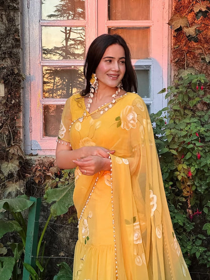 Rose Yellow Fish cut lehenga saree with pearl work border