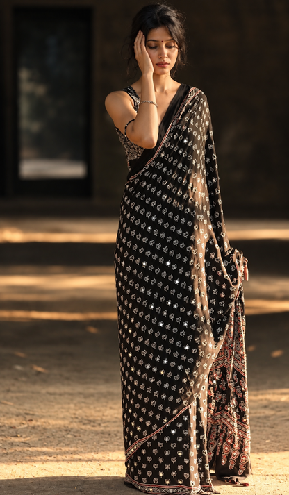 Black modal silk Lotus Designer Saree
