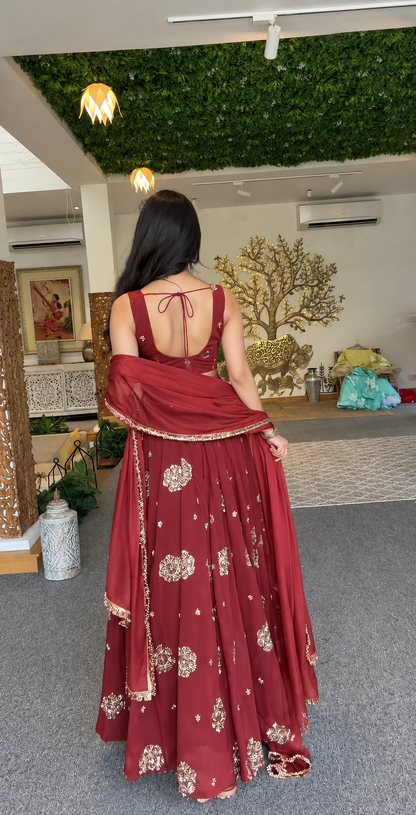 Rust orange flared anarkali gown set