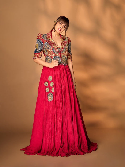 Red Mor Pankh Crop Blazer Skirt