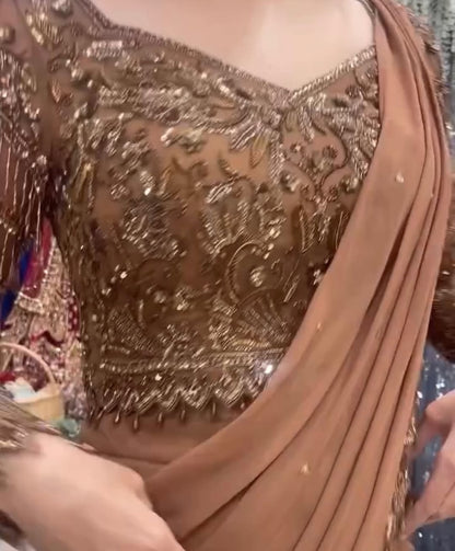 Beads work brown Lehega saree