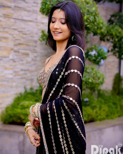 Black Real Mirror Fish Cut Lehenga Saree
