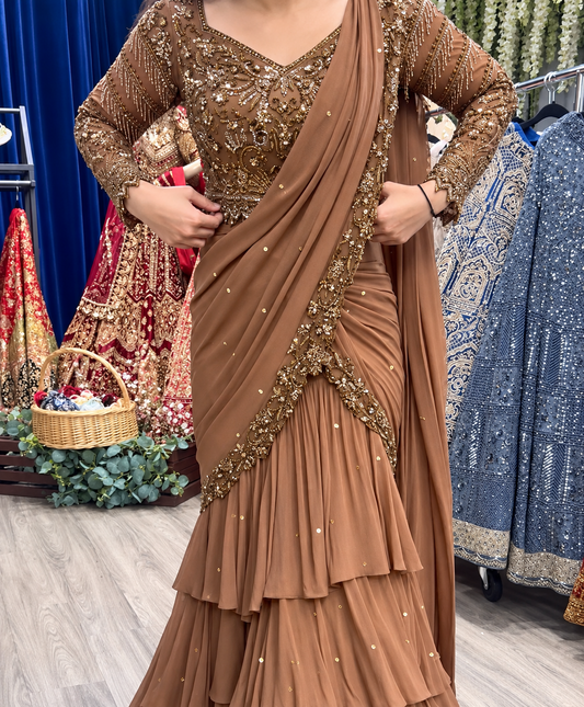 Stylish dusty brown ready-to-wear faux georgette lehenga saree