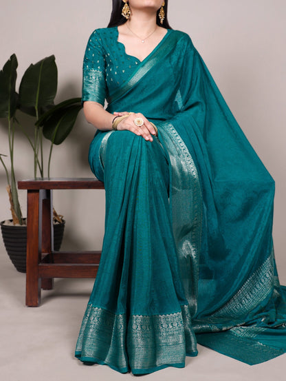 A saree that blends comfort with class, crafted from rich and fluid Chinon 🪷
