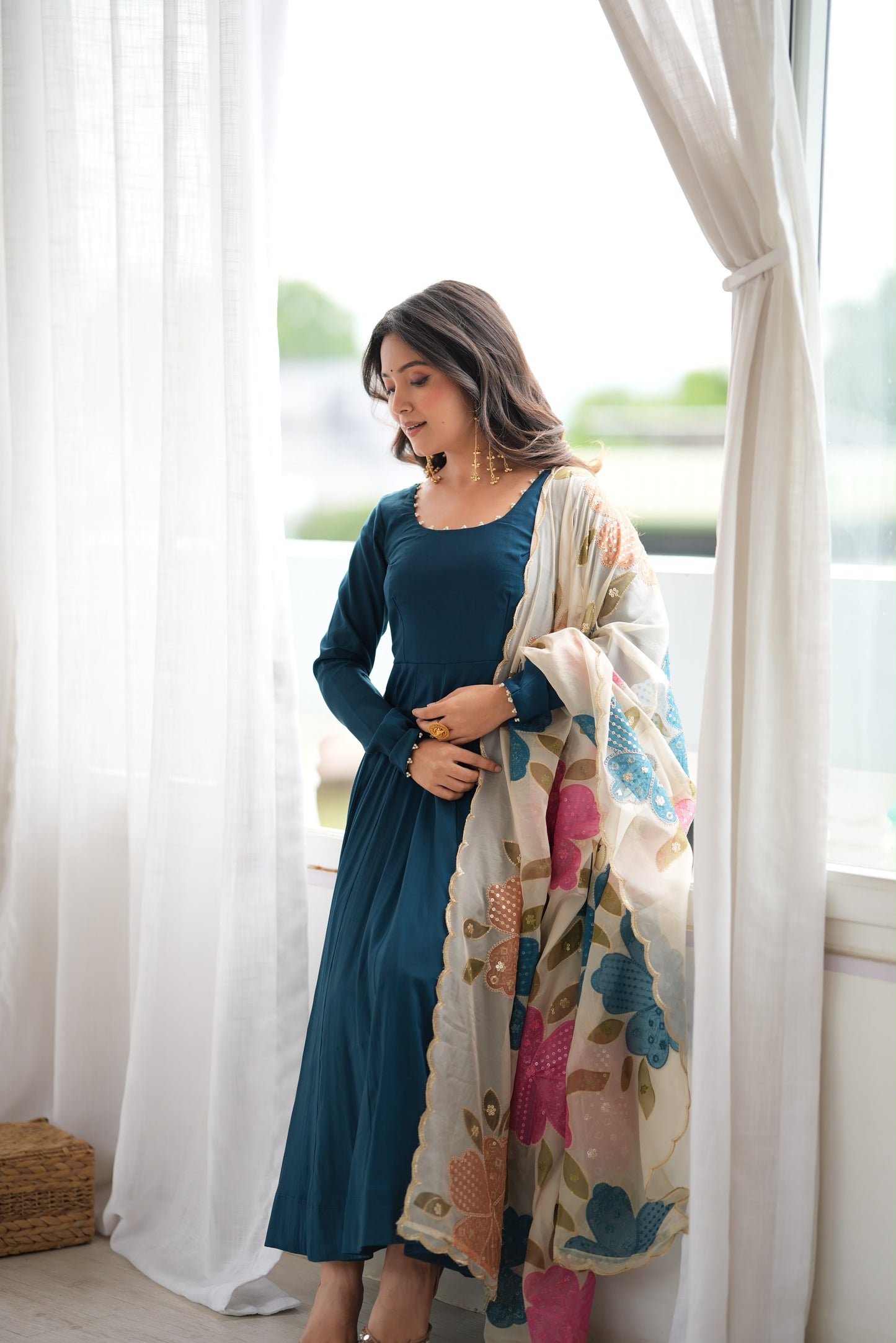 Teal Blue Roman Anarkali Suit with Position Print Organza Dupatta
