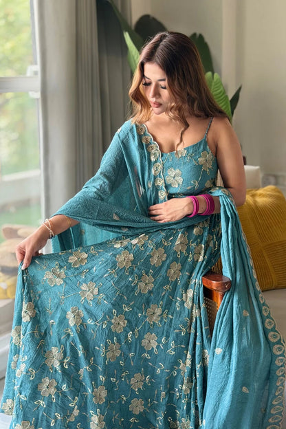 Blue Embroidered Anarkali Suit Set with Dupatta