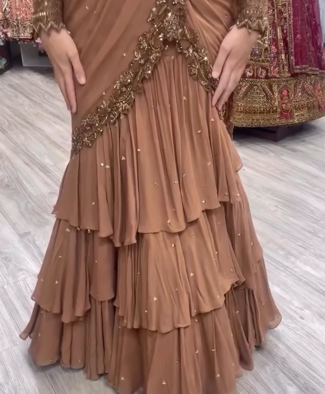 Beads work brown Lehega saree
