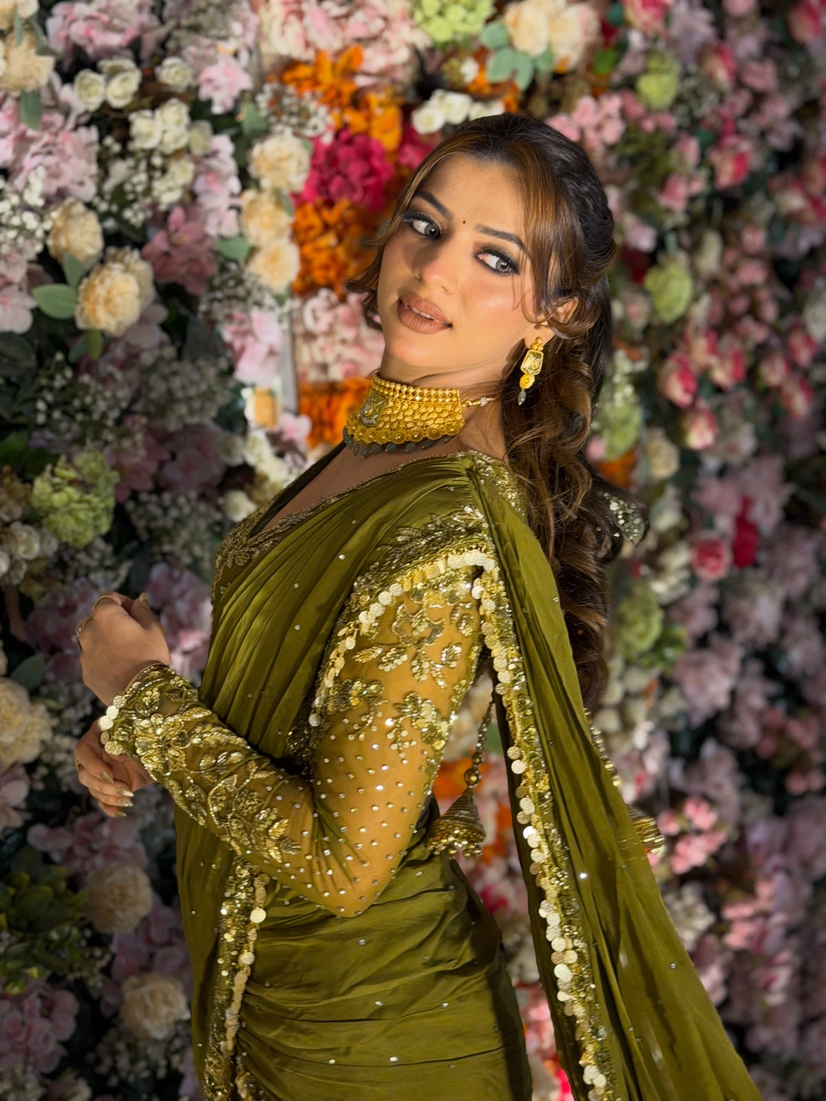 Premium Fendy silk Beads Work Fish Cut Lehenga Saree Prefect For Mahendi/Sangeet