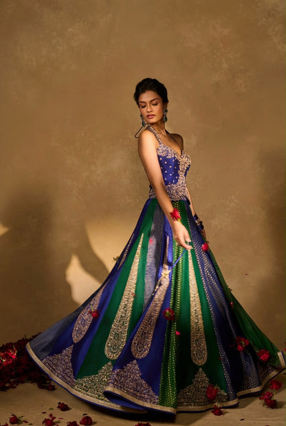 Blue and Green colour fully stitched Women's Indo Western