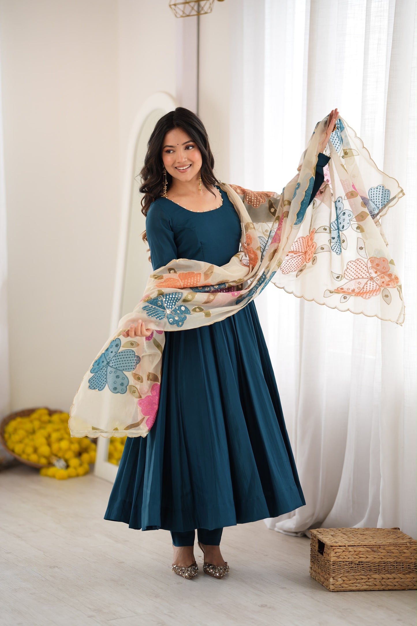 Teal Blue Roman Anarkali Suit with Position Print Organza Dupatta
