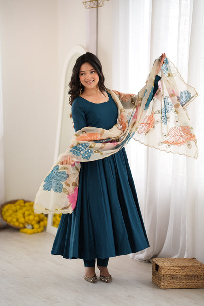 Teal Blue Roman Anarkali Suit with Position Print Organza Dupatta