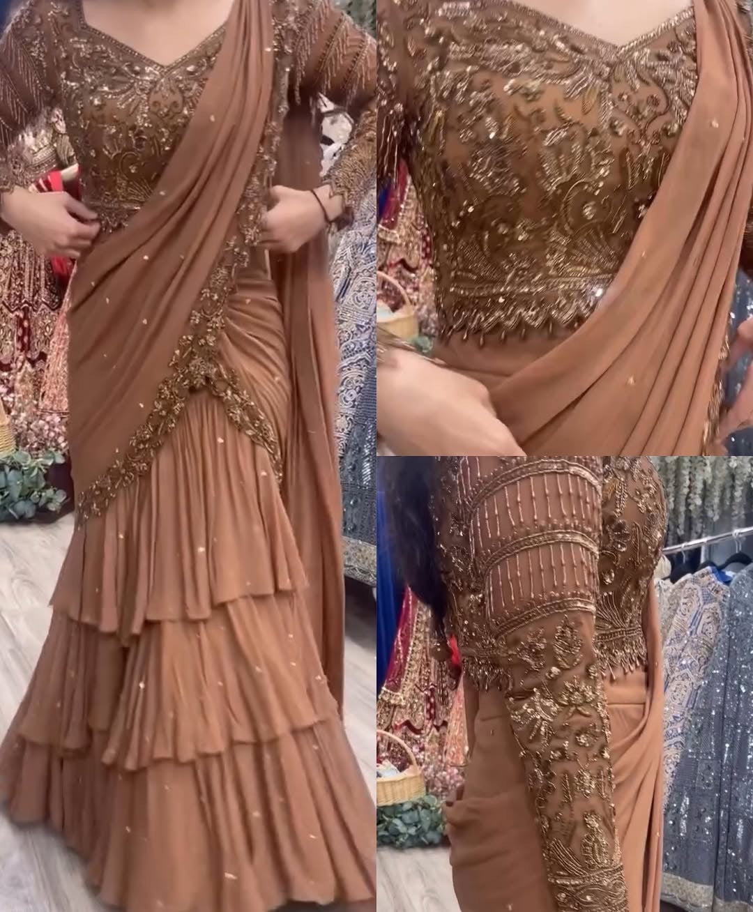 Beads work brown Lehega saree