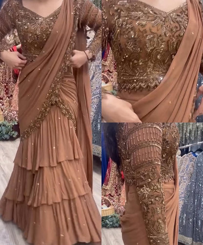 Beads work brown Lehega saree