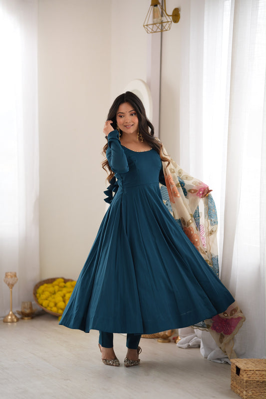 Teal Blue Roman Anarkali Suit with Position Print Organza Dupatta