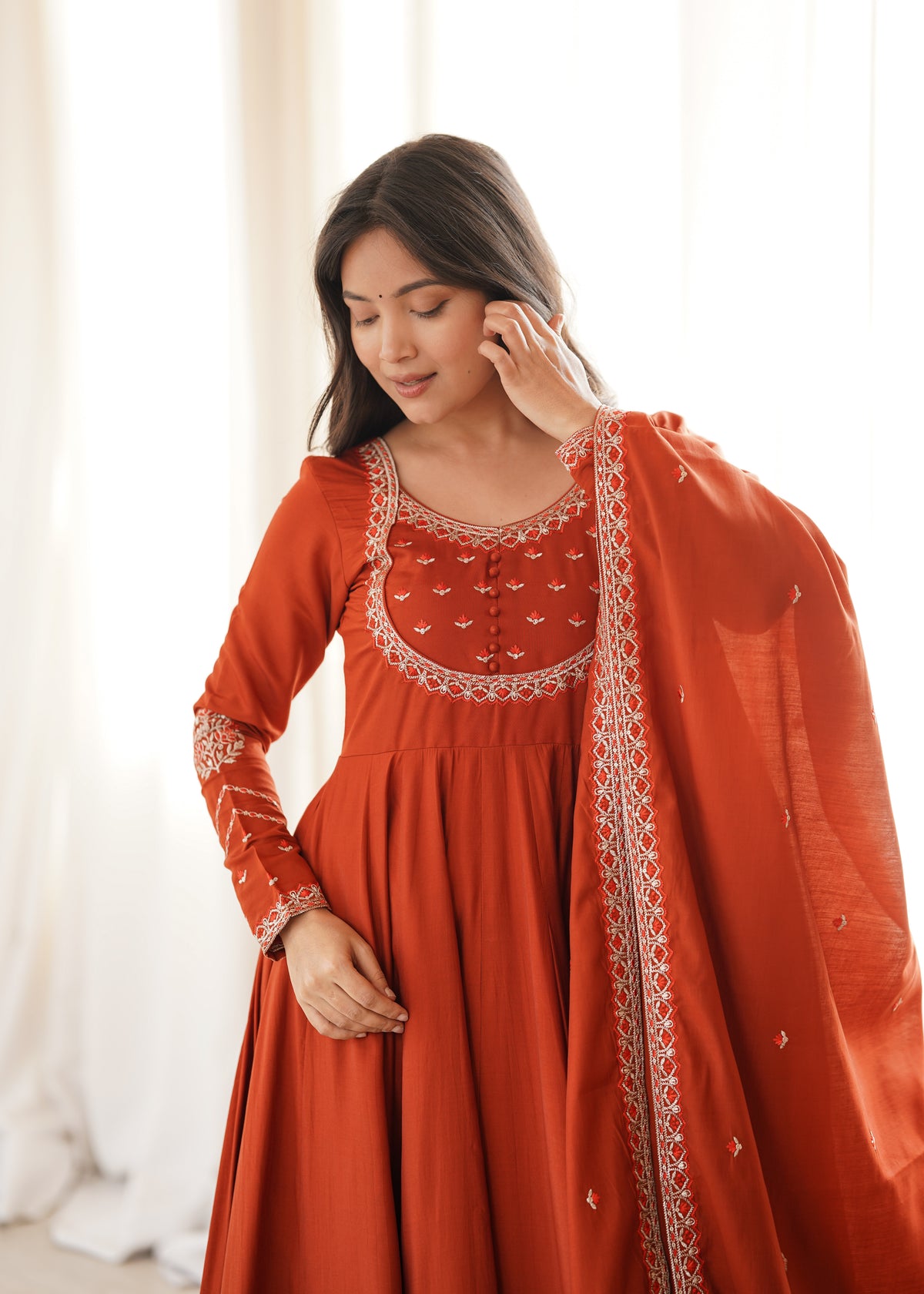 Rust Orange Anarkali set for Womens