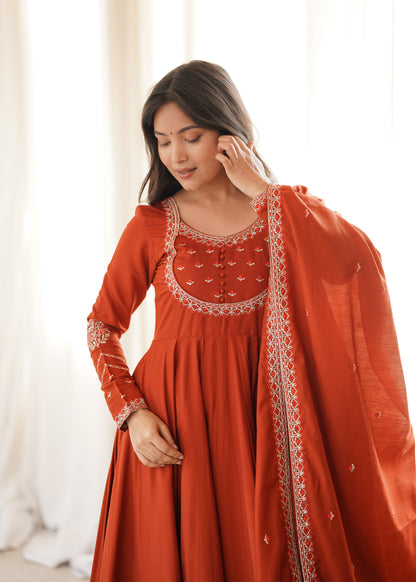 Rust Orange Anarkali set for Womens