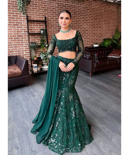 Green Fish Cut Lehenga saree
