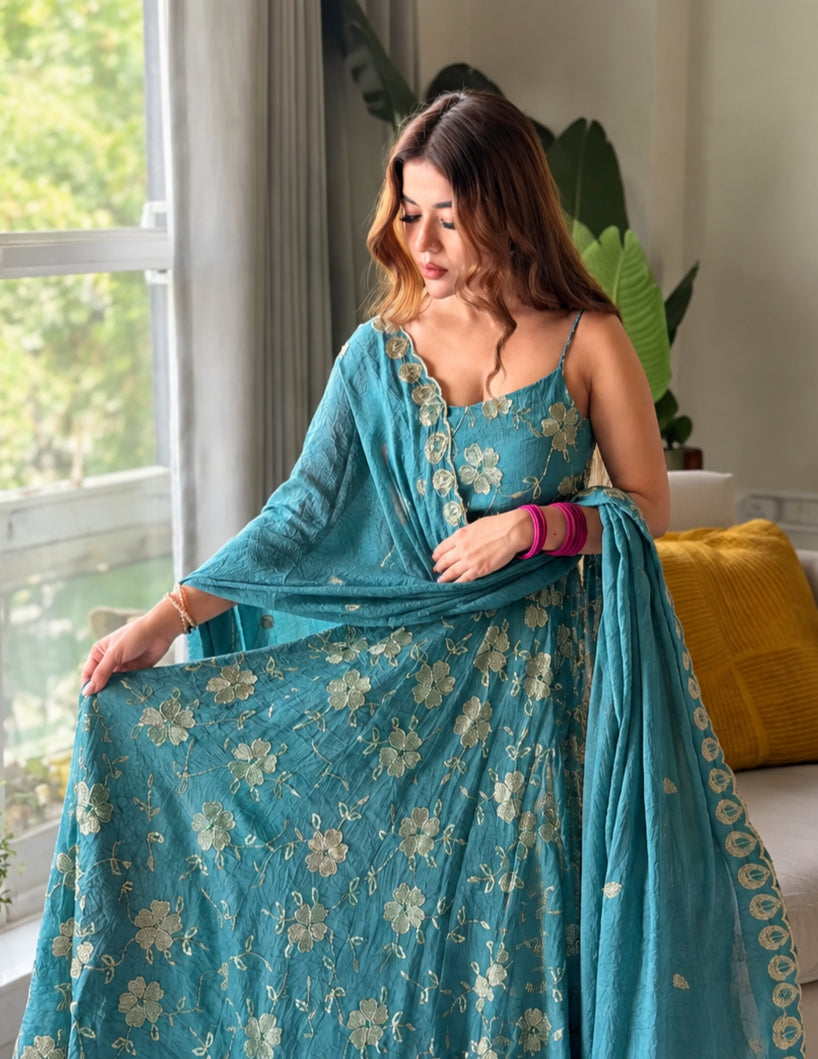 Blue Embroidered Anarkali Suit Set with Dupatta